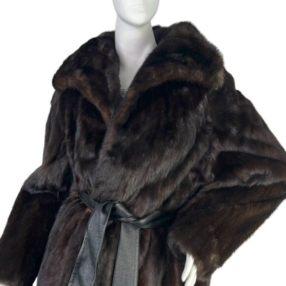 Sakowitz Vintage Mob Wife Dark Brown Mink Stroller Coat Leather Sash Size S/M - Picture 6 of 16